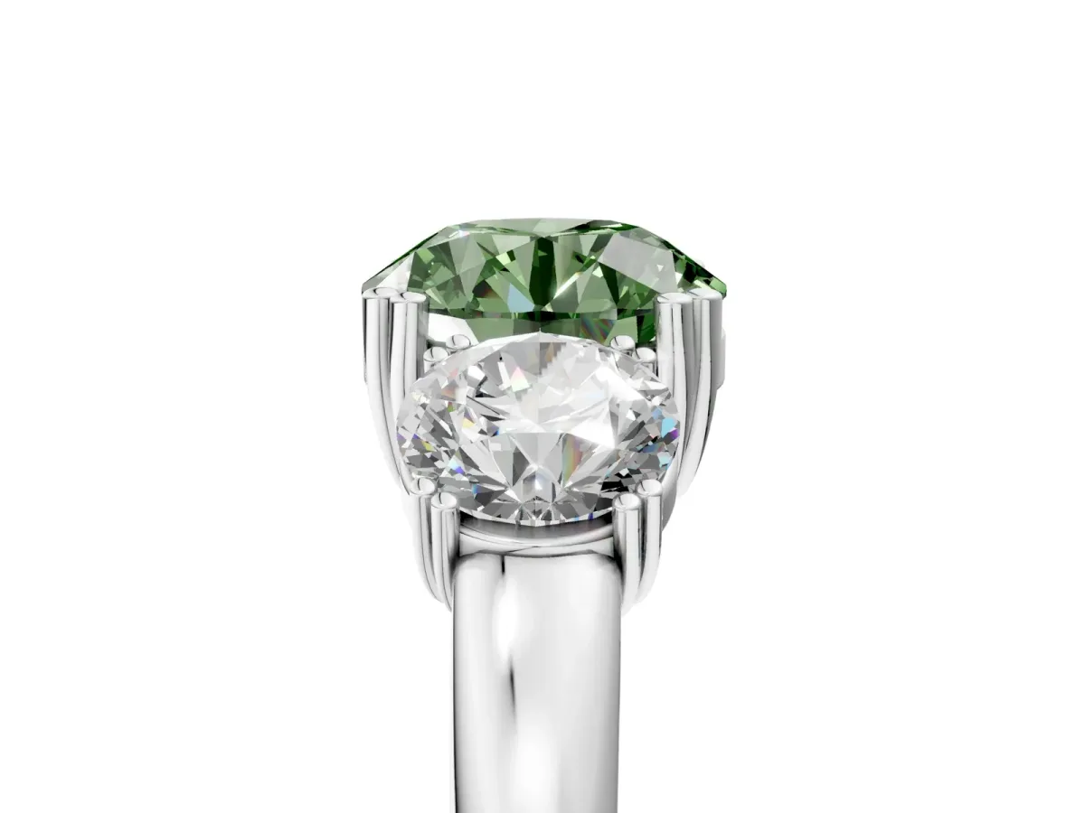 Fancy Green Three-Stone Round Cut Cut Diamond Ring with Channel Set Band and Four-Prong Setting Silver