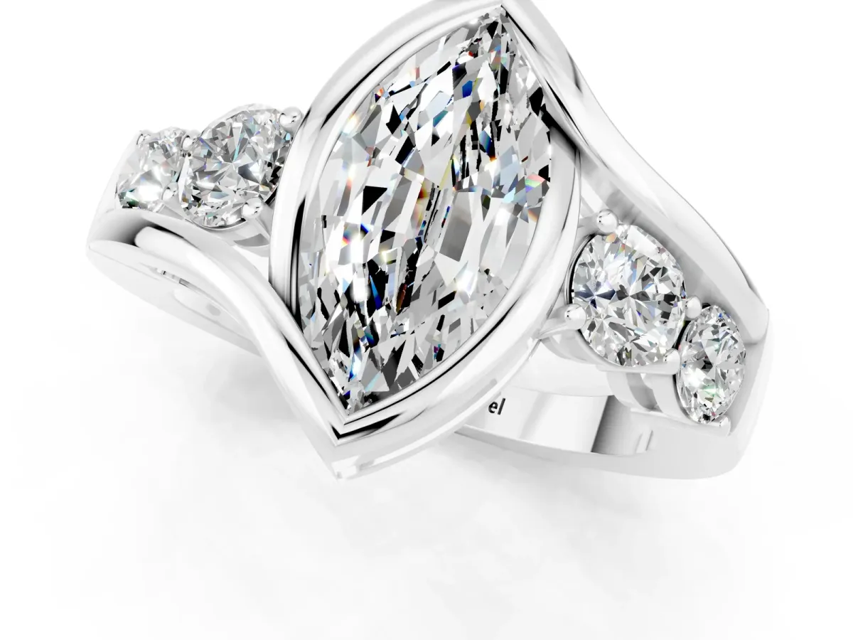 Bezel Set Marquise Cut Moissanite Bypass Ring with Round Accents Platinum