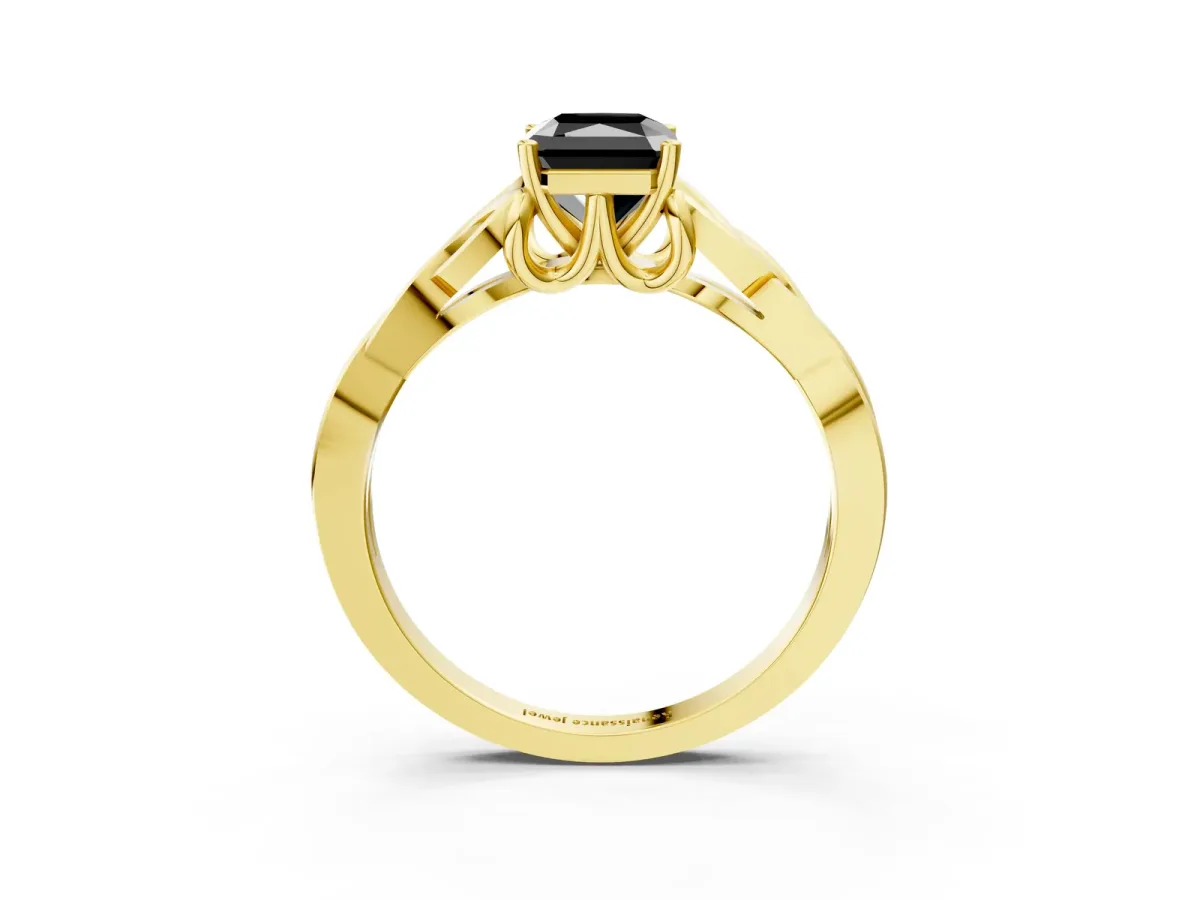 Fancy Black Radiant Cut Diamond Solitaire Engagement Ring with Celtic Knot Band and Four-Prong Setting Yellow gold