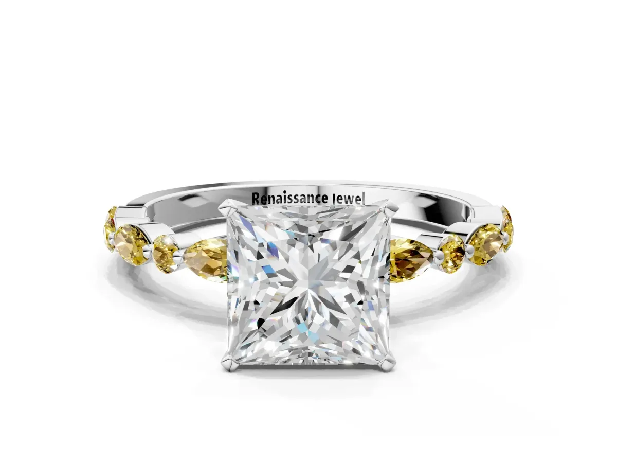 Princess Cut Diamond Ring with Marquise and Round Yellow Sapphire Side Stones and Four-Prong Setting Silver