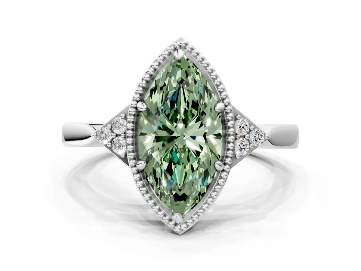 Fancy Green Milgrain Marquise Cut Cut Diamond Ring with Tapered Pave Band and Four Prong Setting Platinum