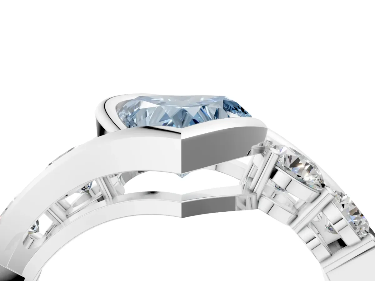 Fancy Blue Bezel Set Heart Cut Diamond Bypass Ring with Round Accents Silver