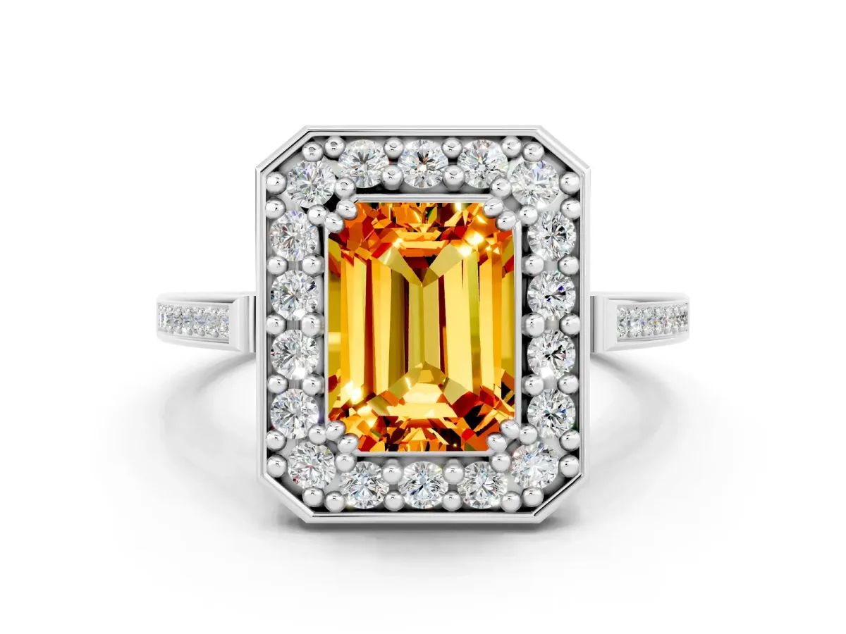 Emerald Cut Citrine Halo Ring with Split Shank and Four-Prong Setting White gold