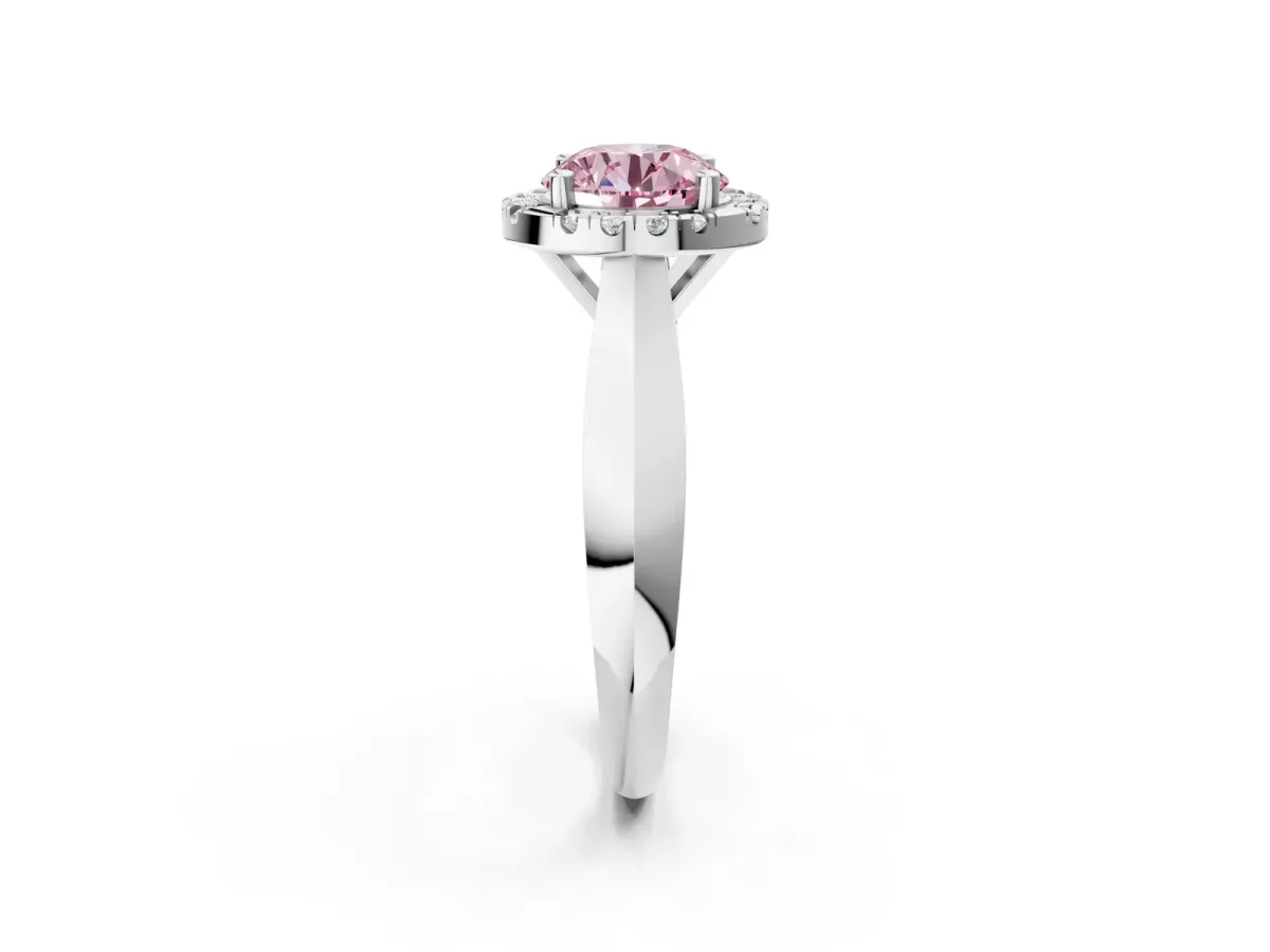 Fancy Pink Round Cut Cut Halo Solitaire Engagement Ring with Square Band and Four-Prong Setting White gold