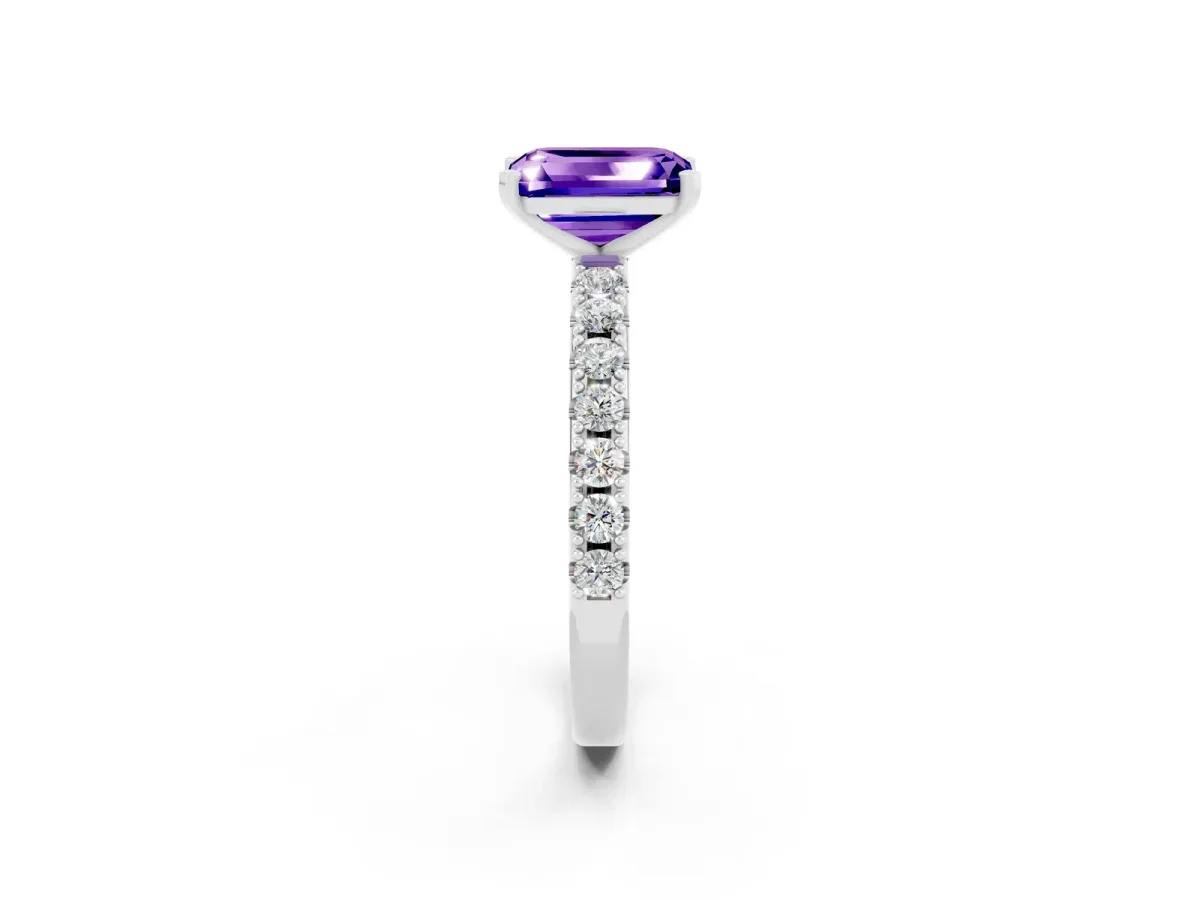 Emerald Cut Tanzanite Solitaire Pavé Band with Four-Prong Setting White gold