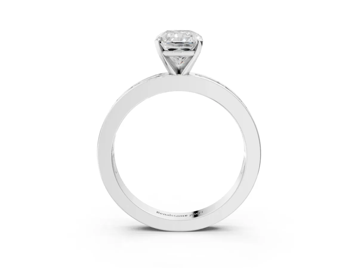 Radiant Cut Solitaire Diamond Ring with Channel-Set Baguette Band and Four-Prong Setting White gold