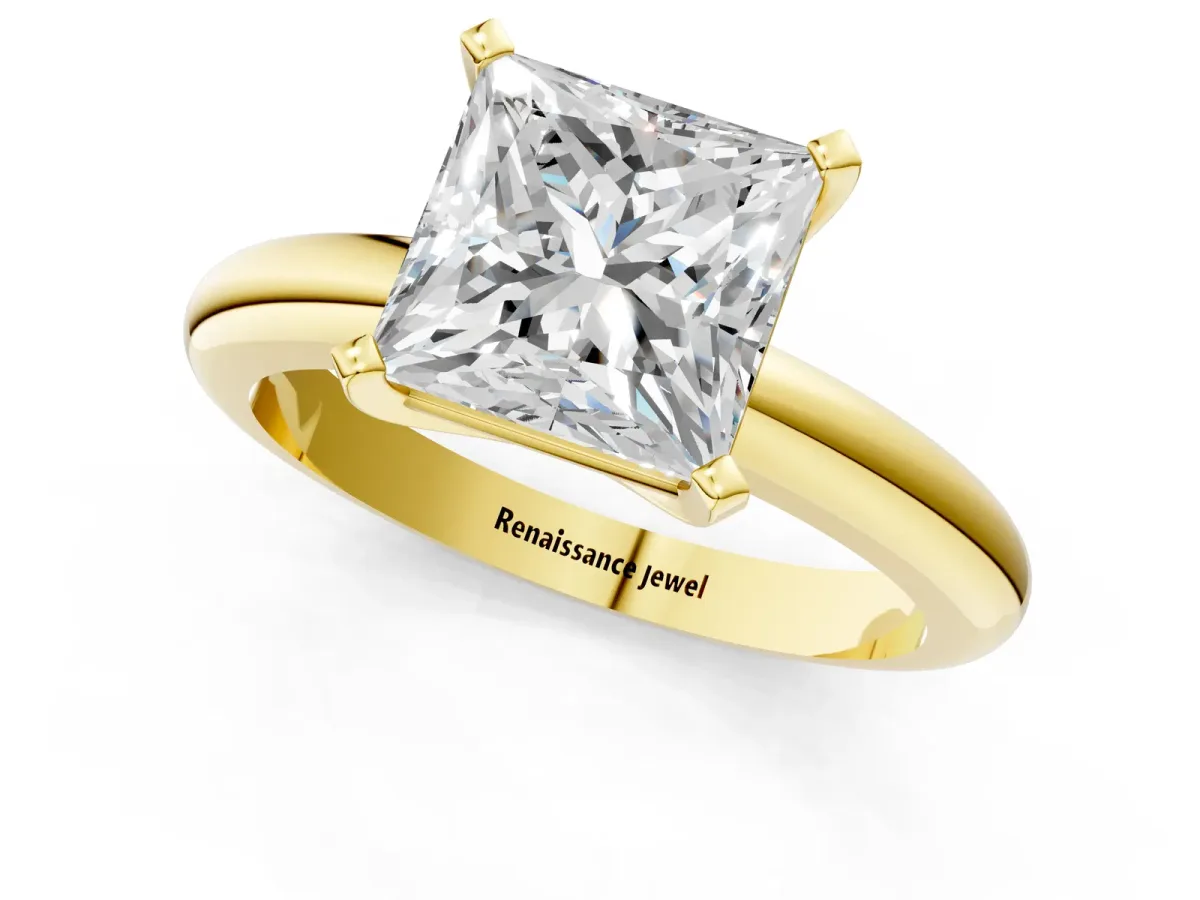 Princess Cut Diamond Solitaire Engagement Ring with Round Band and Four-Prong Setting Yellow gold