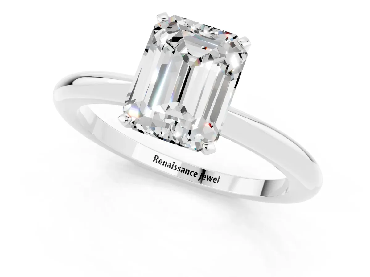 Emerald Cut Moissanite Solitaire Ring with Six-Prong Setting and Classic Band Platinum