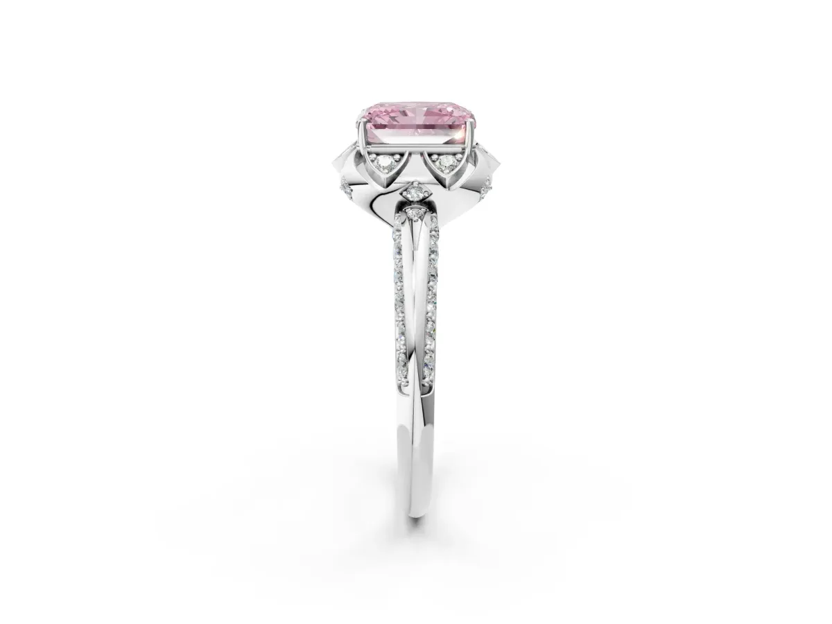 Fancy Pink Radiant Cut Halo Split Shank Pave Diamond Ring with Petal Prong Setting Platinum