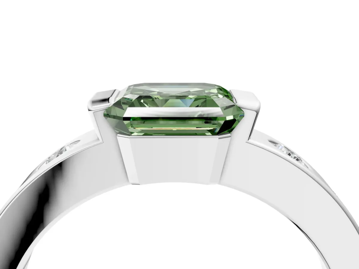 Fancy Green Asscher Cut Brilliant Channel-Set Diamond Ring with Bezel Prong Setting Platinum