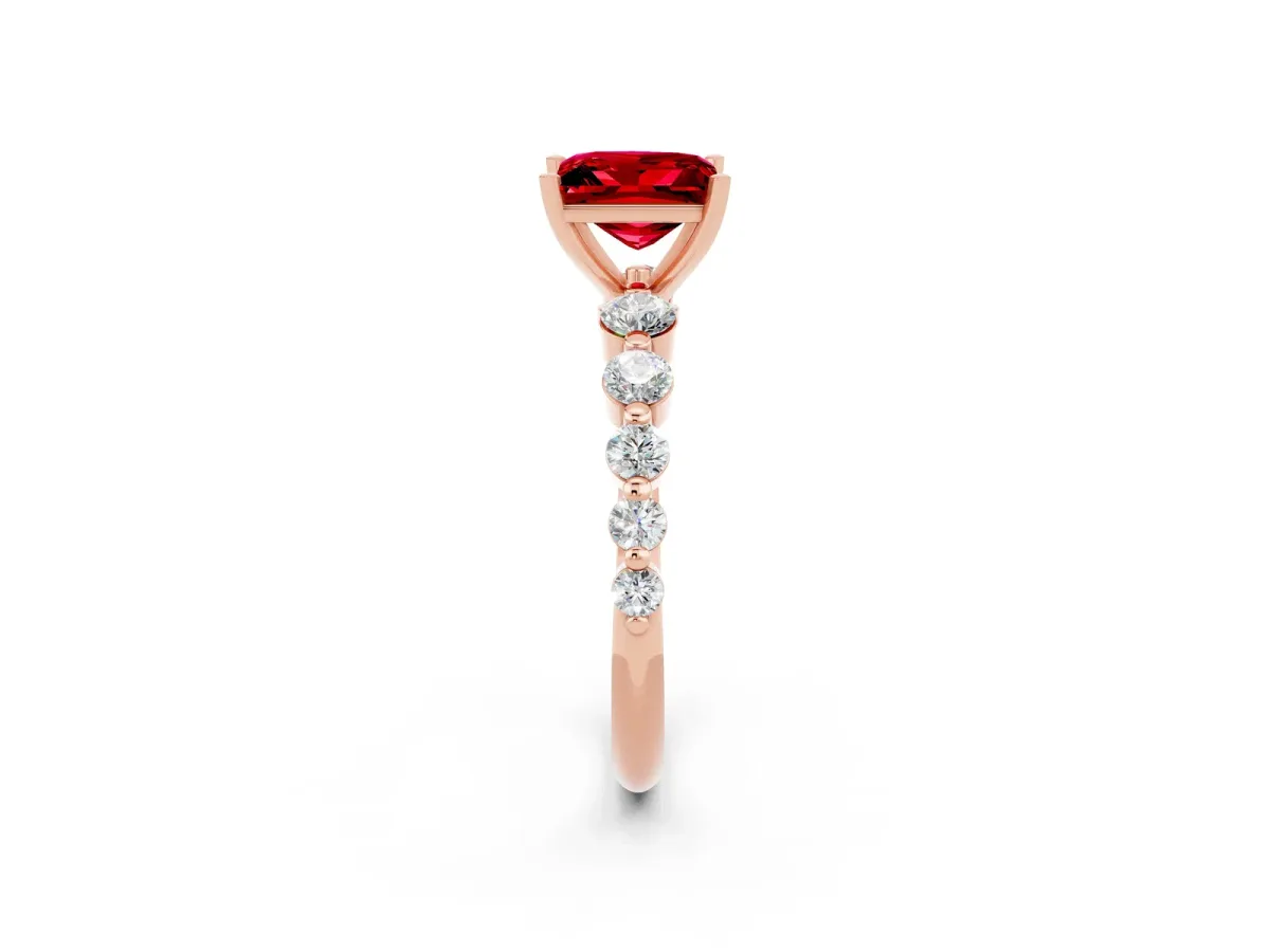 Princess Cut Solitaire Ruby Ring with Pave Band and Four-Prong Setting Rose gold