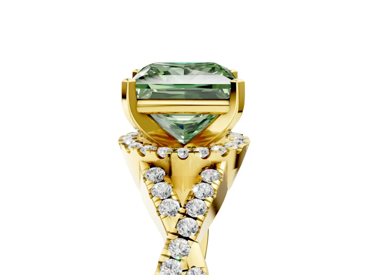 Fancy Green Princess Cut Diamond Halo Twist Band Solitaire Prong Setting Ring Yellow gold
