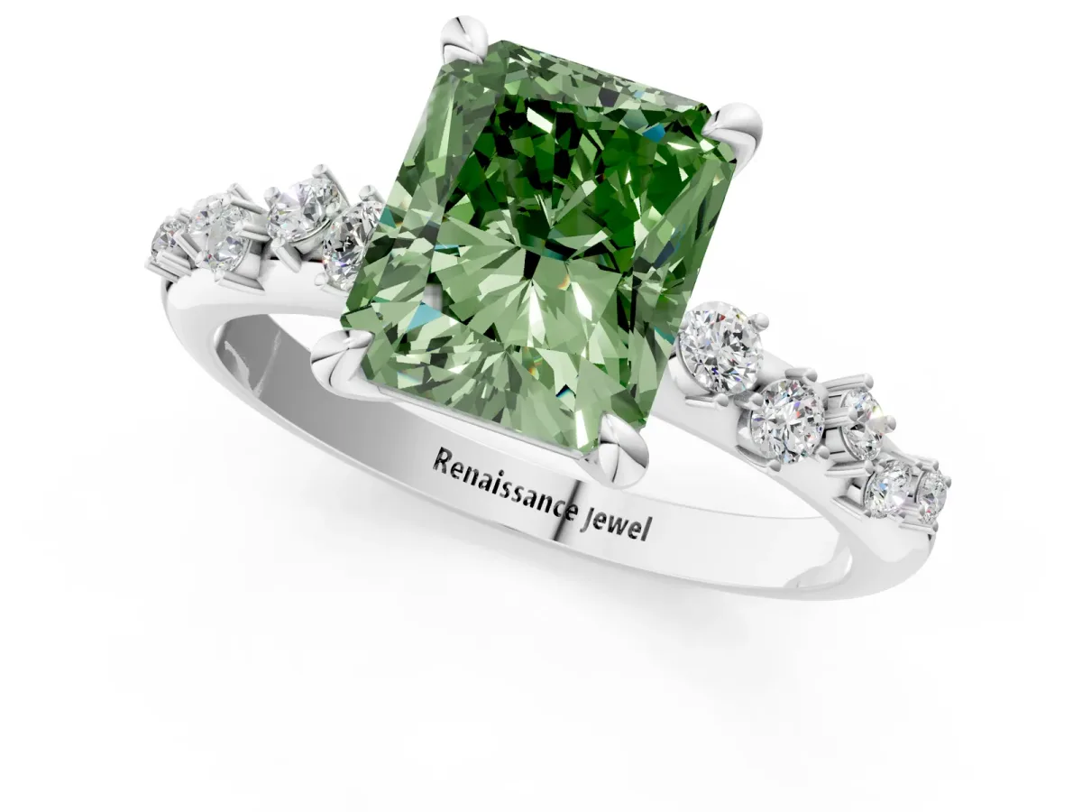 Fancy Green Radiant Cut Cut Diamond Vine Band with Four-Prong Setting Platinum