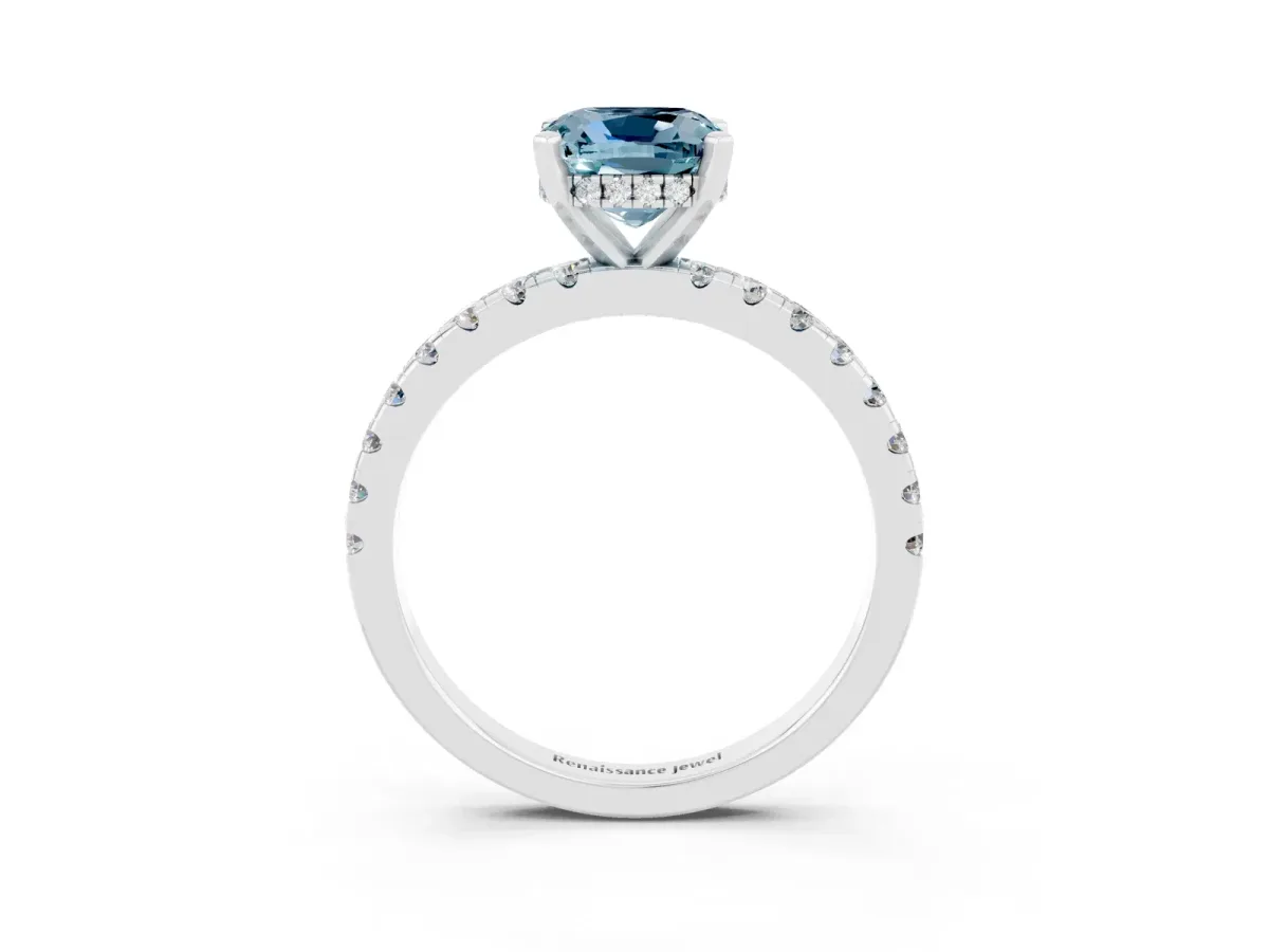 Cushion Cut Aquamarine Solitaire Ring with Round Pavé Band and Four-Prong Setting White gold