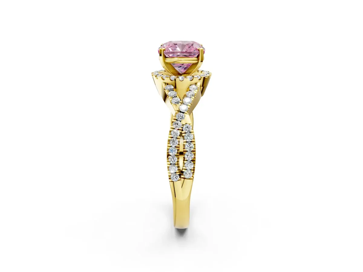 Fancy Pink Cushion Cut Diamond Halo Twist Band Solitaire Prong Setting Ring Yellow gold