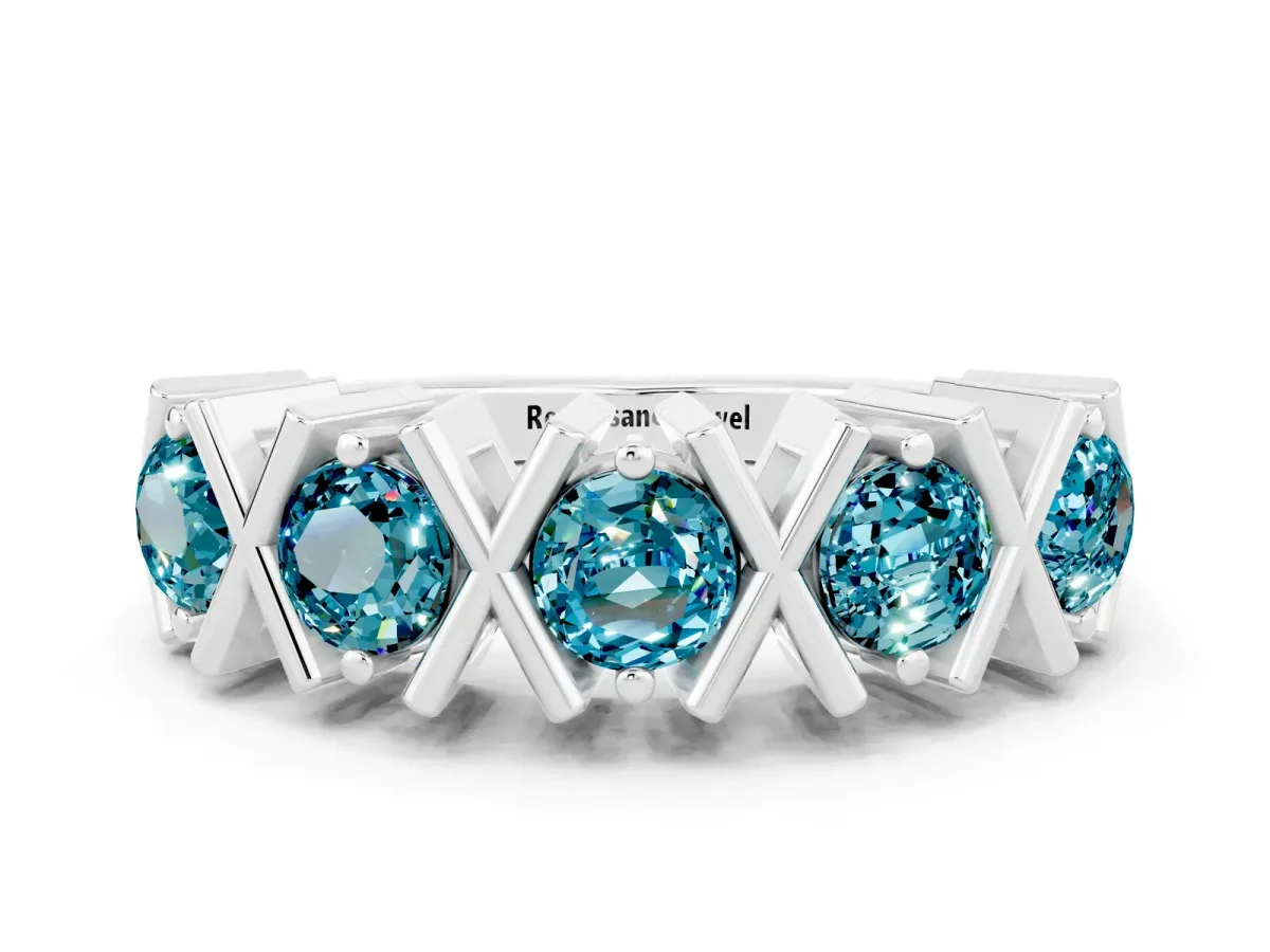 Round Blue Topaz Channel Set Band with X-Prong Detail White gold
