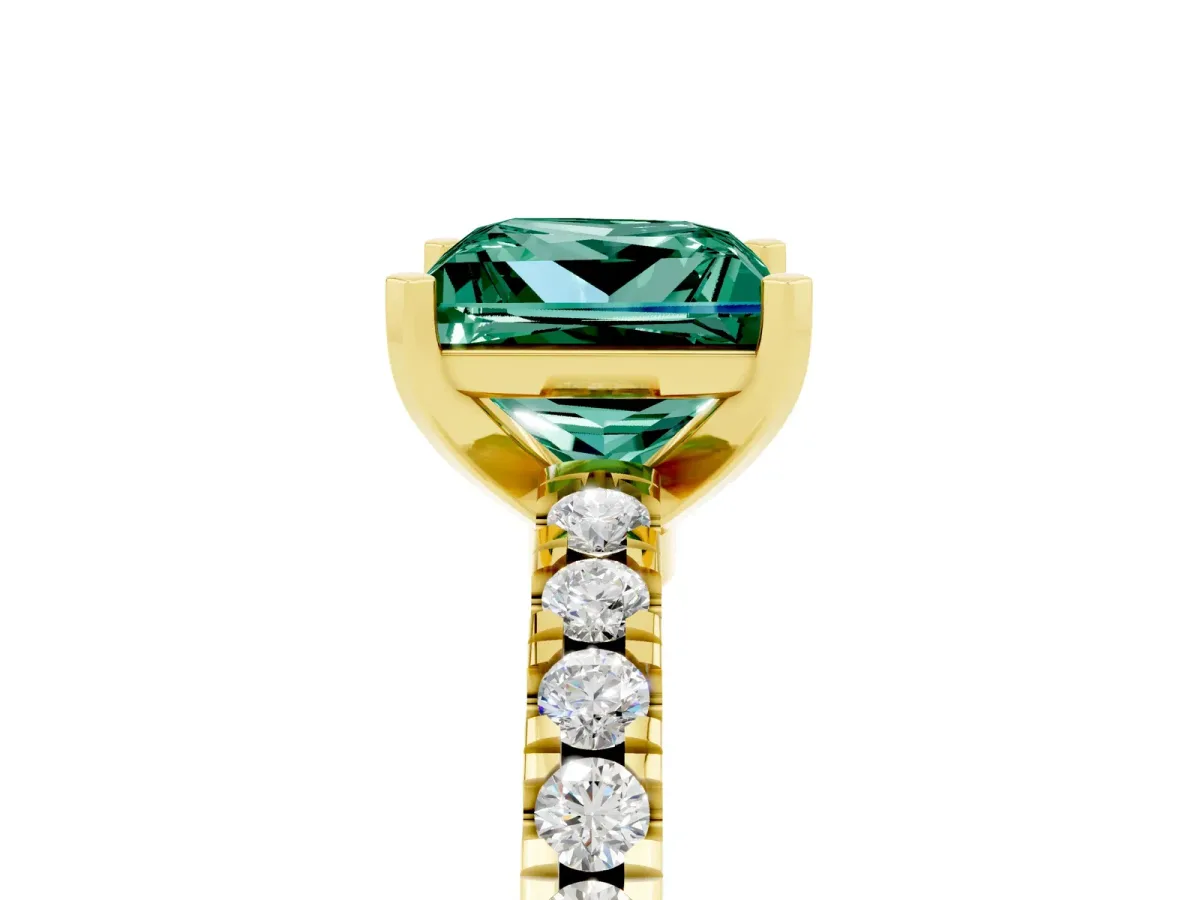 Princess Cut Solitaire Green Sapphire with Pavé Band and Four-Prong Setting Yellow gold