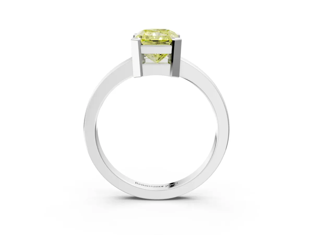 Fancy Yellow Radiant Cut Cut Solitaire Ring with Four-Prong Setting and Classic Band Platinum