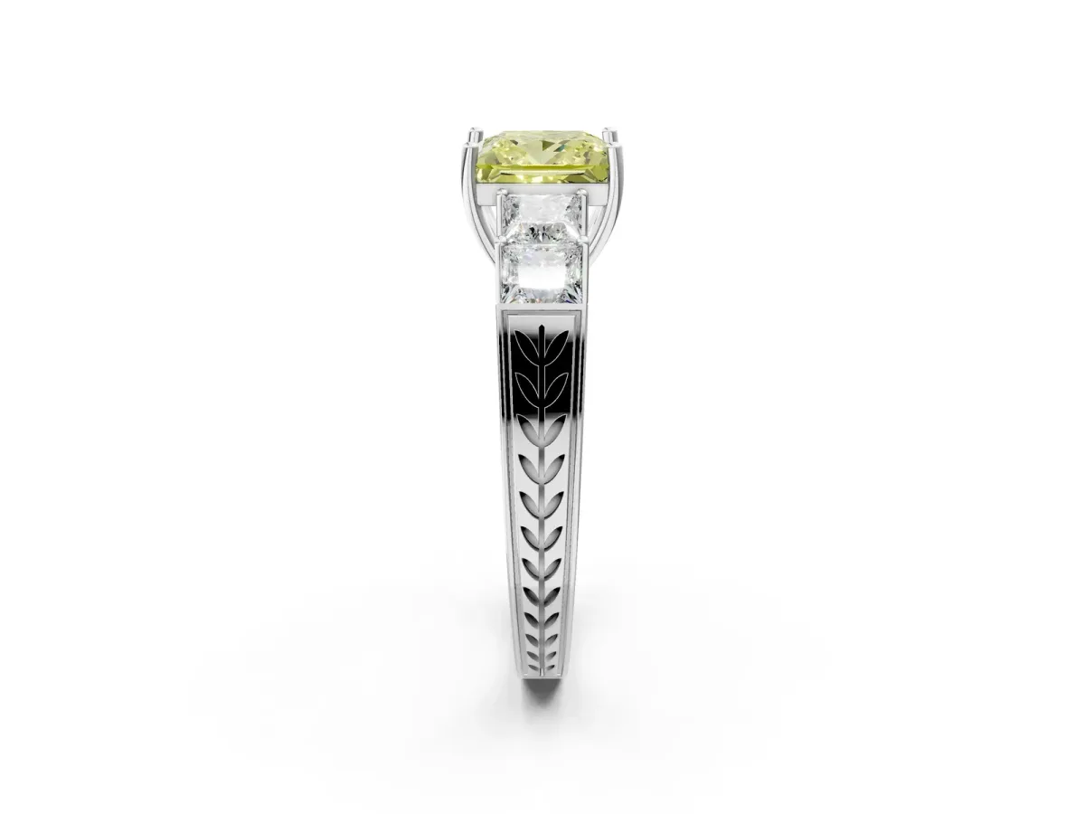 Fancy Yellow Princess Cut Solitaire Princess Side Stone Engraved Band Prong Setting Ring Silver