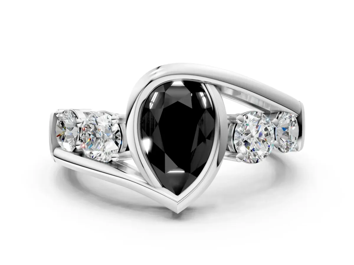 Fancy Black Bezel Set Pear Cut Diamond Bypass Ring with Round Accents Silver