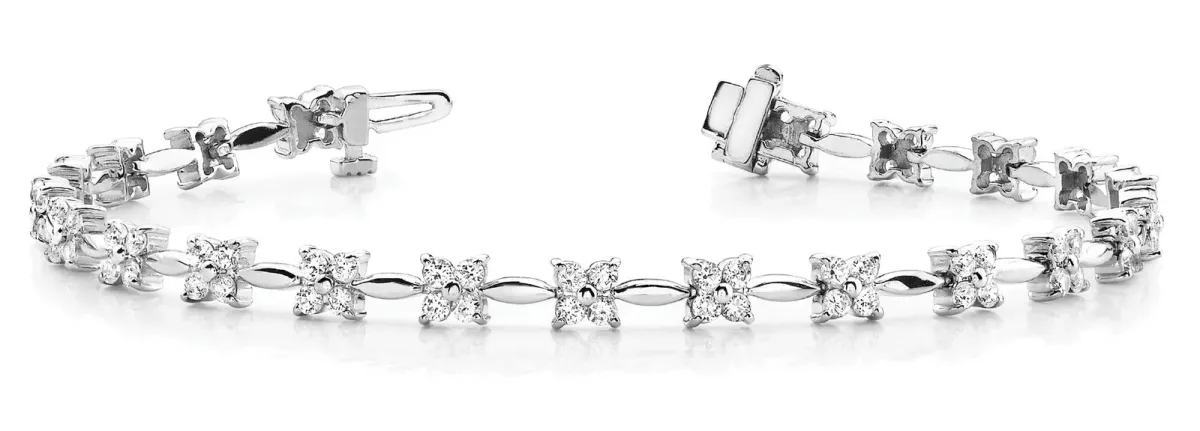 Round Diamond Tennis Bracelet with Flower Cluster Setting and Four-Prong Design White gold