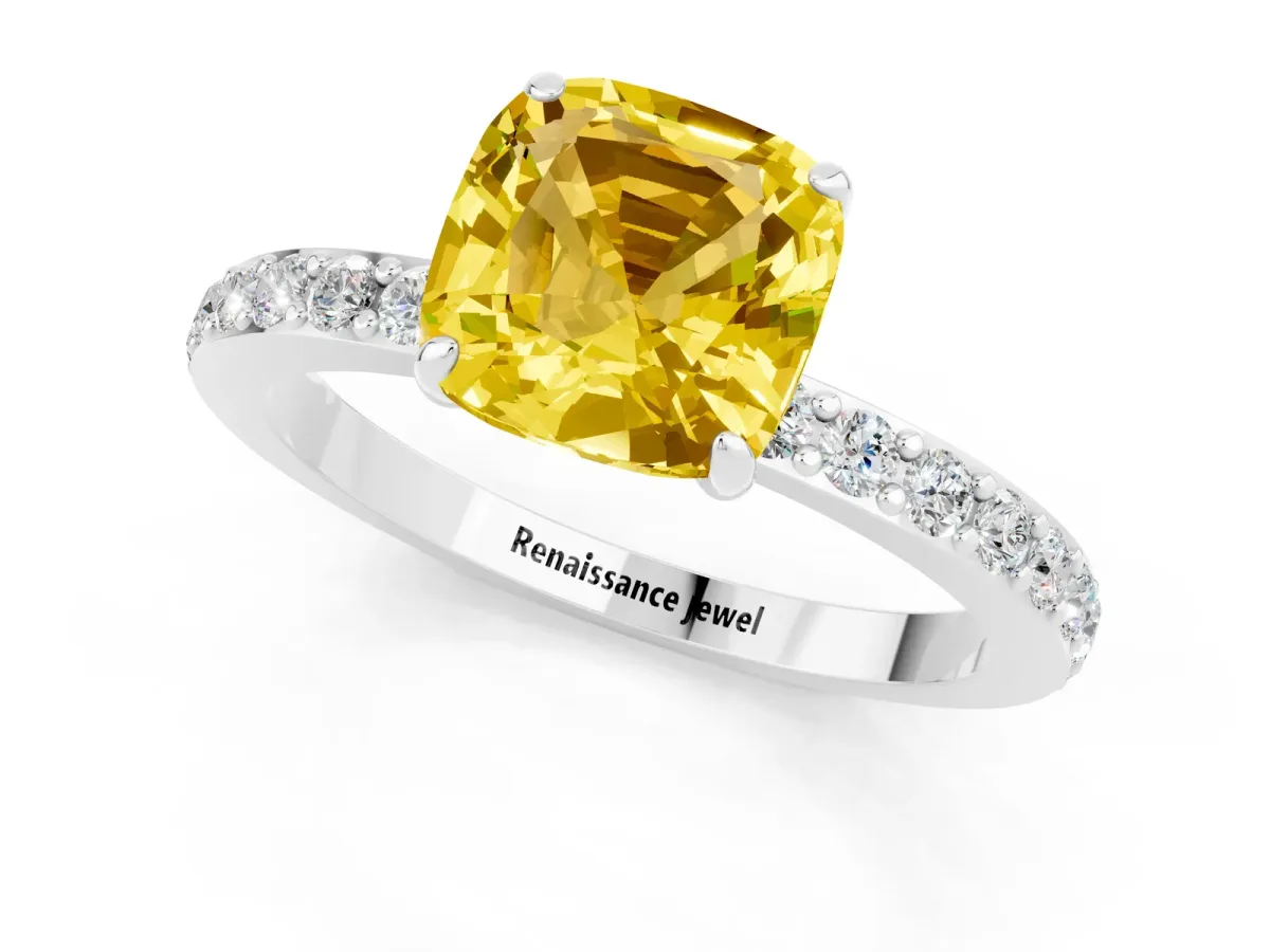 Cushion Cut Yellow Sapphire Solitaire Engagement Ring with Pavé Band and Four-Prong Setting White gold