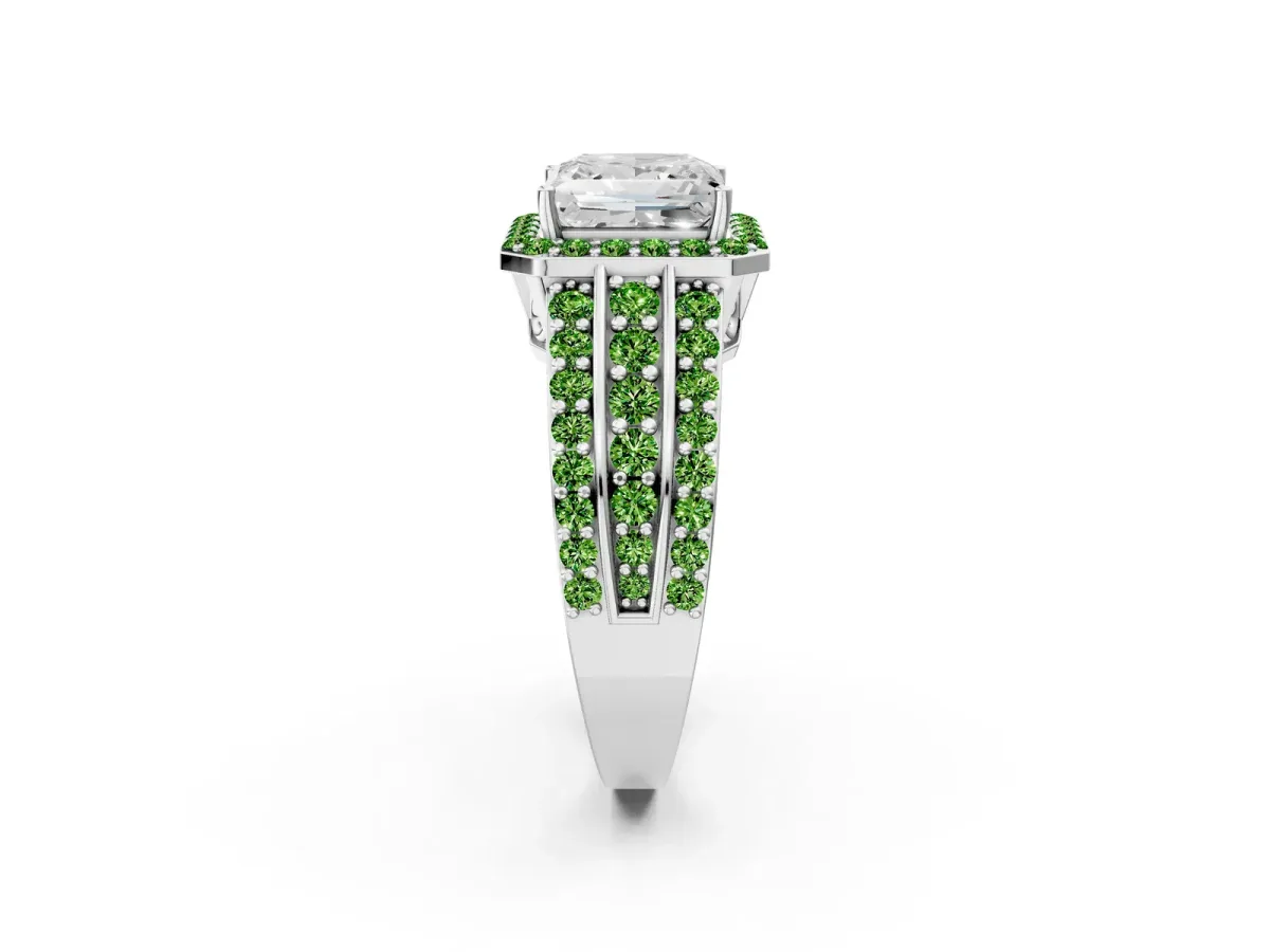 Princess Cut Halo Diamond Ring with Round Peridot Split Shank and Prong Setting White gold