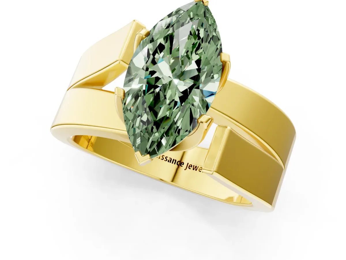 Fancy Green Modern Tension Set Marquise Cut Diamond Solitaire Wide Band Ring Yellow gold