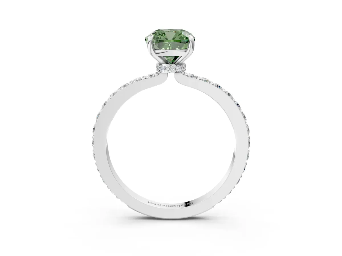 Fancy Green Cushion Cut Diamond Solitaire Engagement Ring with Pavé Band and Four-Prong Setting White gold