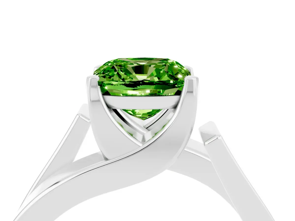 Modern Tension Set Cushion Cut Peridot Solitaire Wide Band Ring Platinum