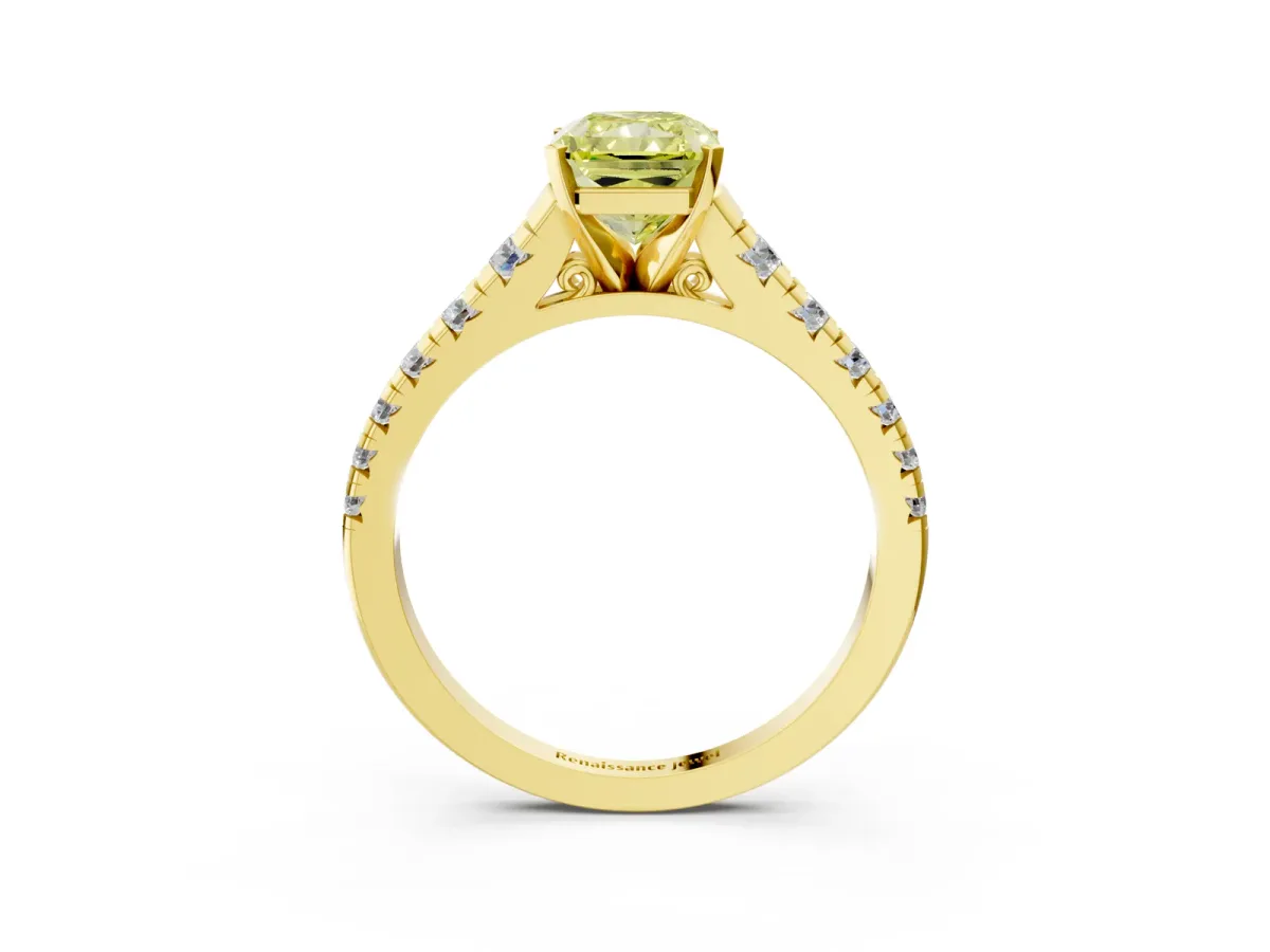Fancy Yellow Radiant Cut Diamond Cathedral Solitaire Ring with Round Pavé Band Yellow gold