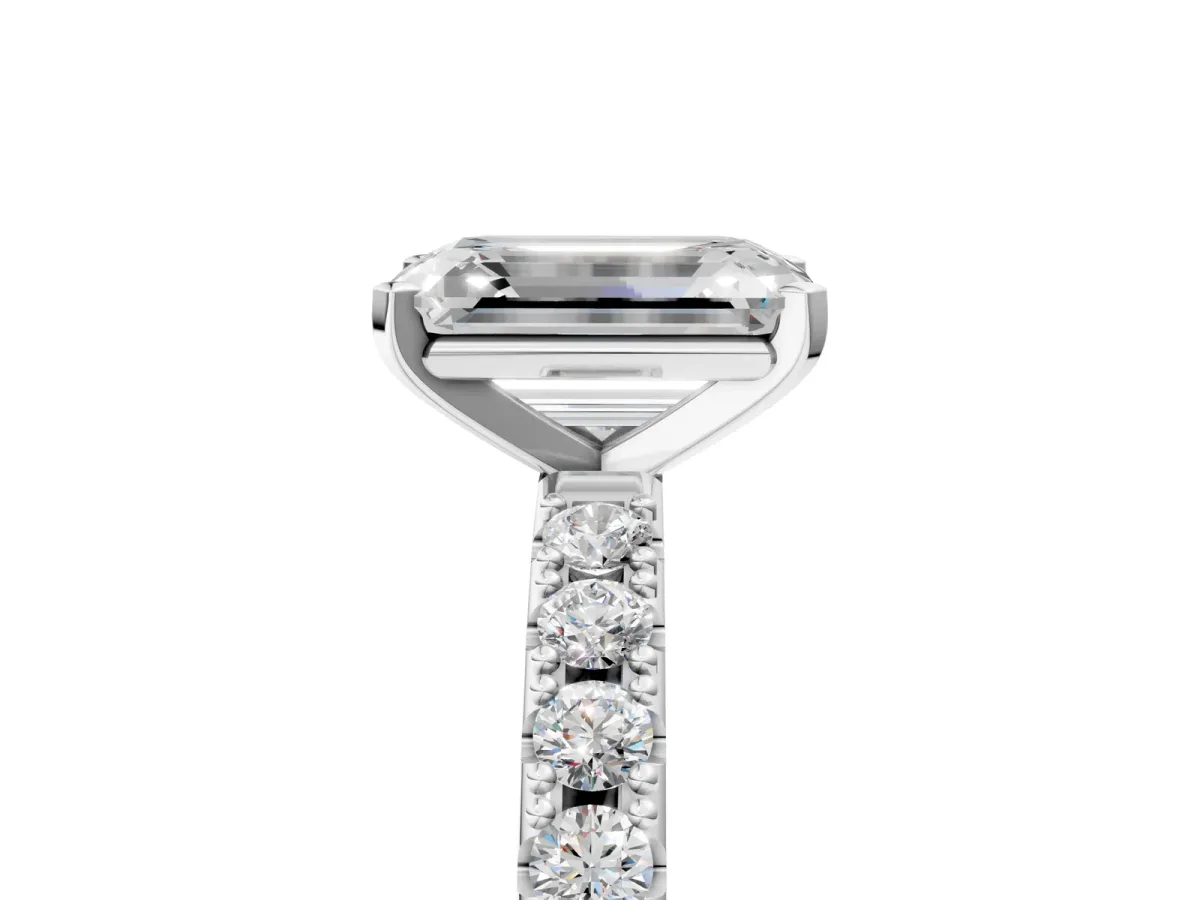 Emerald Cut Diamond Solitaire Pavé Band with Four-Prong Setting White gold