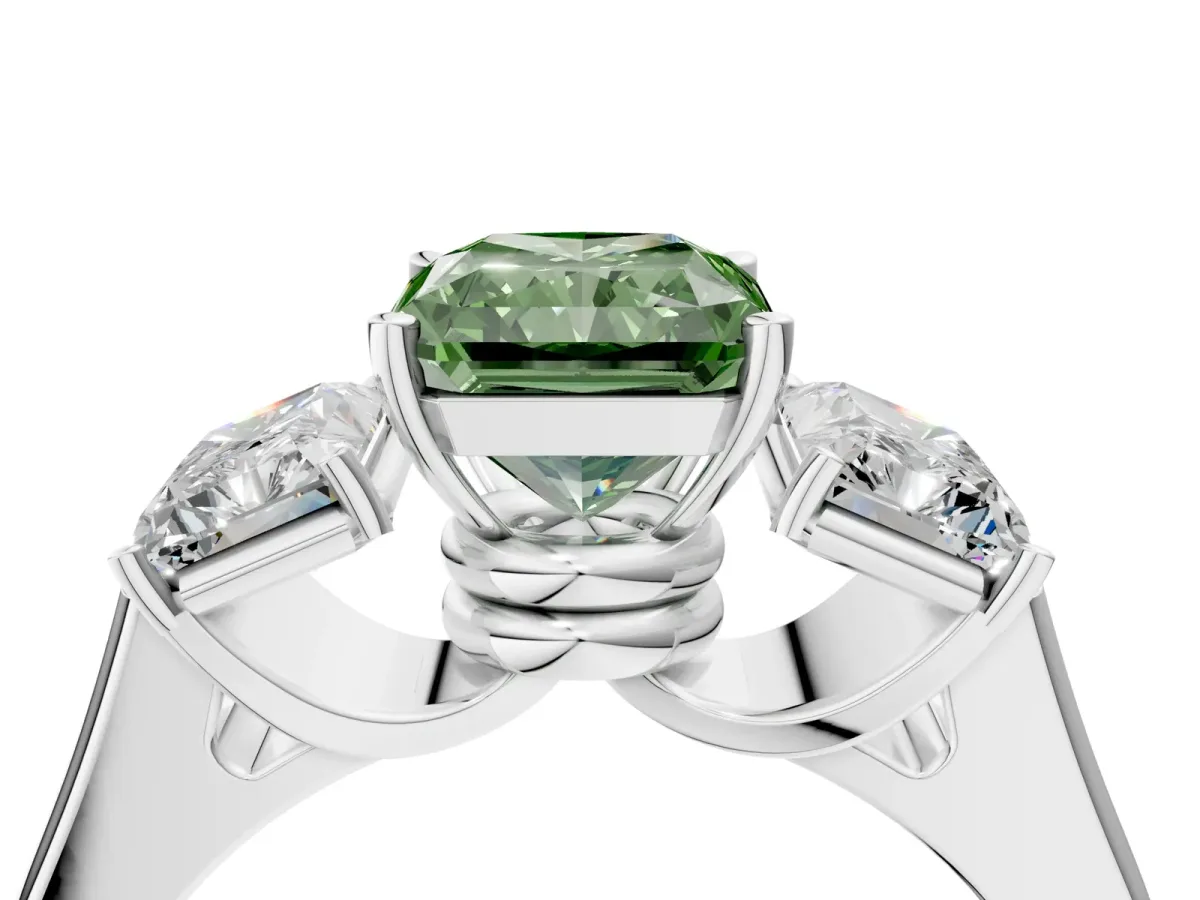 Fancy Green Three-Stone Radiant Cut Brilliant Diamond Trellis Ring with Comfort Fit Band Platinum
