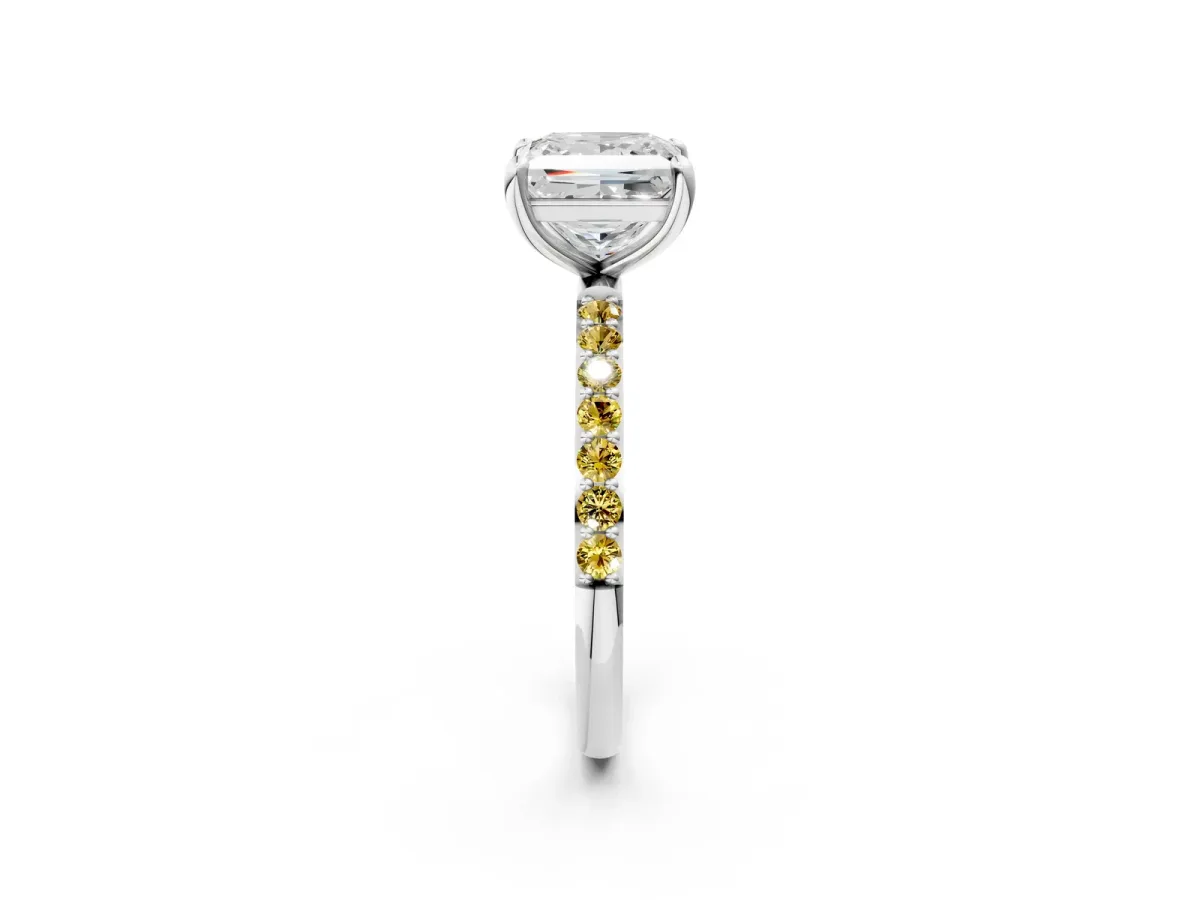 Princess Cut Diamond Solitaire Ring with Round Yellow Sapphire Pavé Band and Prong Setting White gold