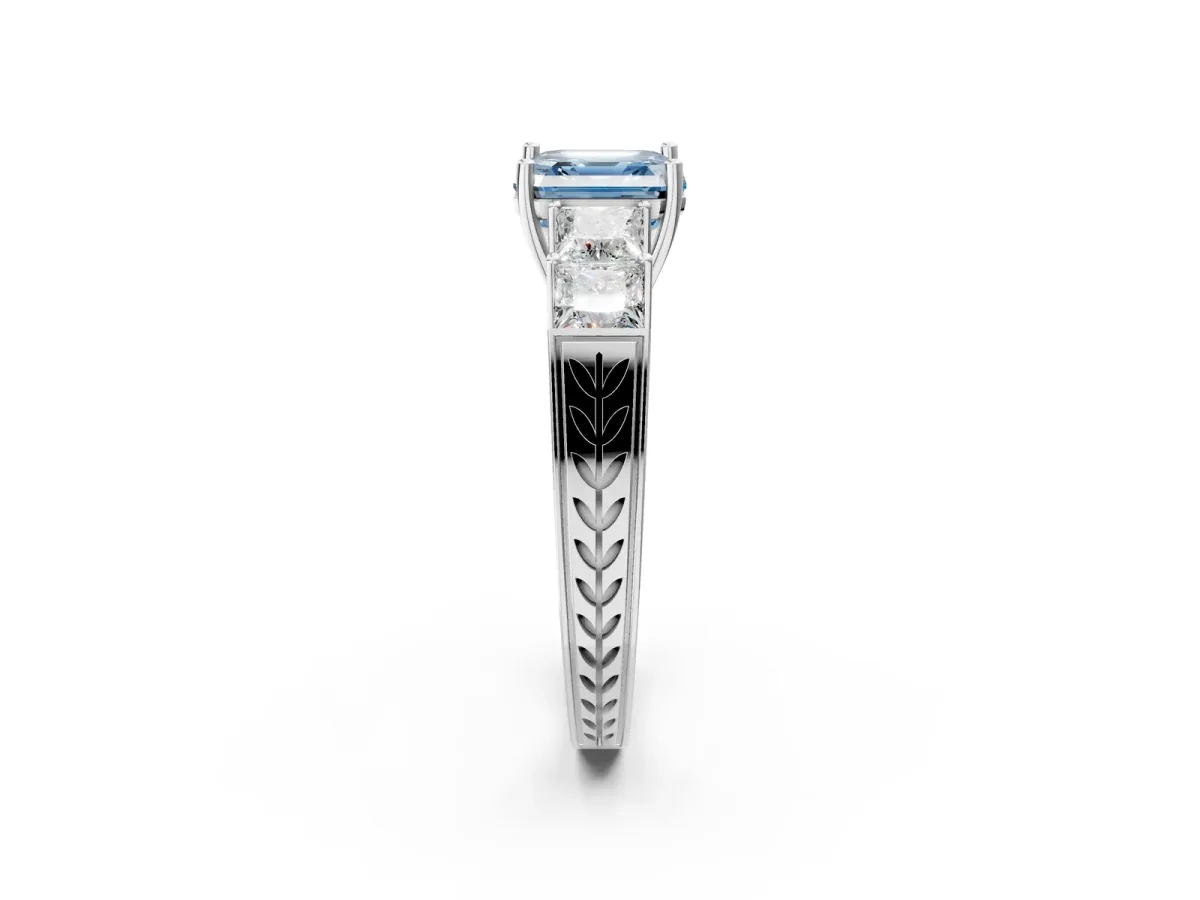 Fancy Blue Asscher Cut Solitaire Princess Side Stone Engraved Band Prong Setting Ring White gold
