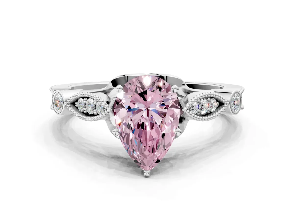 Fancy Pink Pear Cut Cut Diamond with Milgrain Marquise and Bezel Accents on a Solitaire Band with Prong Setting Silver
