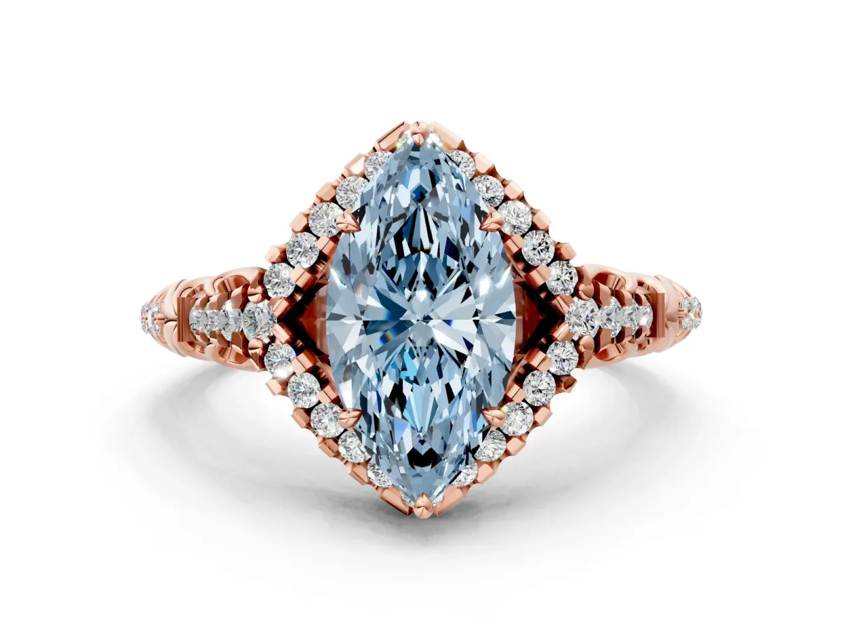 Fancy Blue Marquise Cut Diamond Solitaire Ring with Hidden Halo and Pavé Band Rose gold