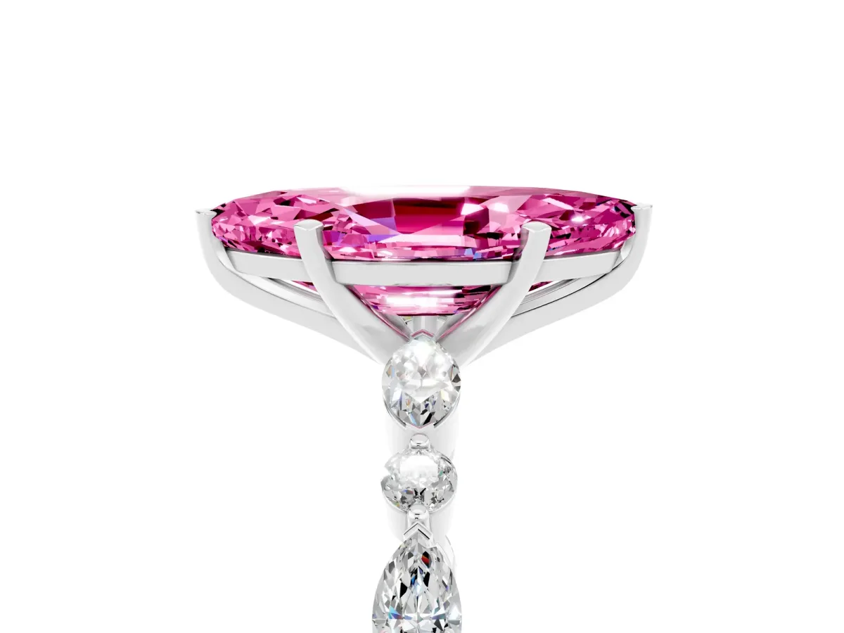 Marquise Cut Pink Sapphire Ring with Marquise and Round Side Stones and Four-Prong Setting White gold