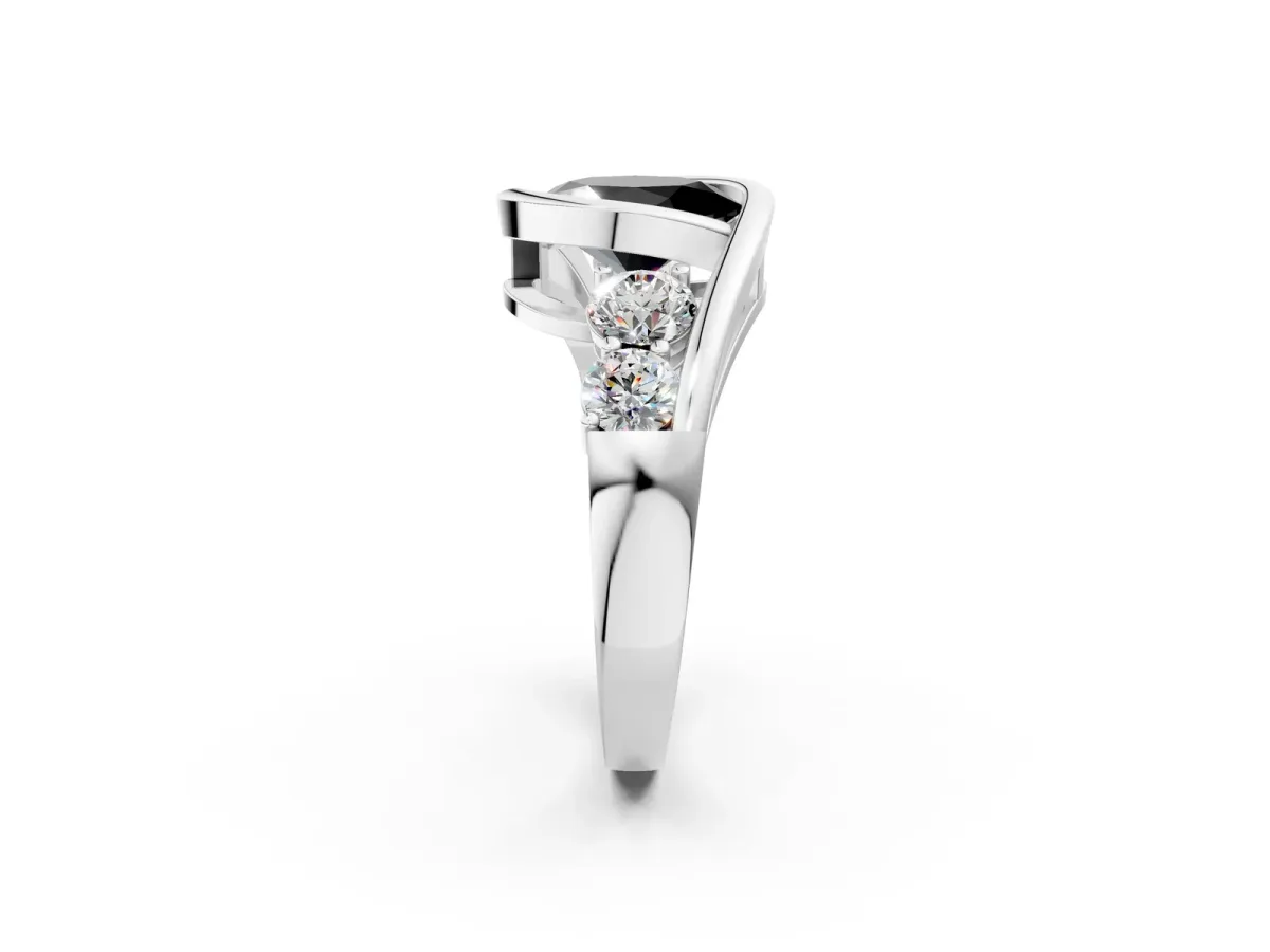 Fancy Black Bezel Set Oval Cut Diamond Bypass Ring with Round Accents Silver
