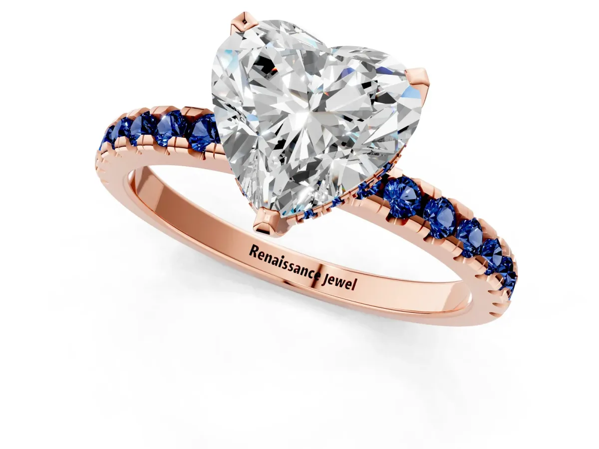 Heart Cut Diamond Solitaire Ring with Round Blue Sapphire Pavé Band and Four-Prong Setting Rose gold