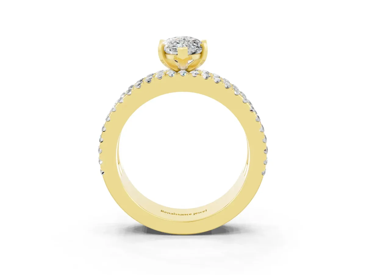 Marquise Cut Moissanite Solitaire Ring with Pavé and Channel Set Band Yellow gold