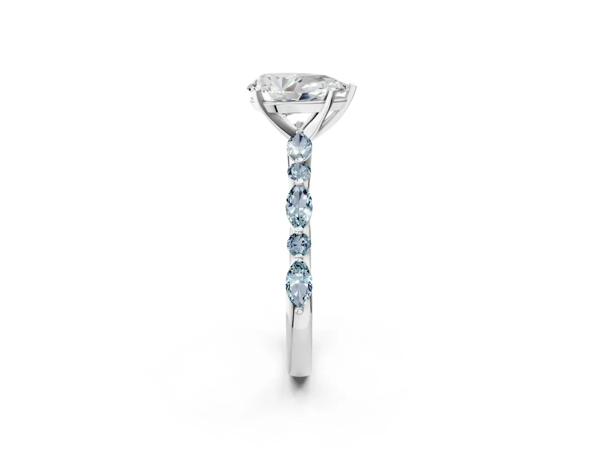 Pear Cut Diamond Ring with Marquise and Round Aquamarine Side Stones and Four-Prong Setting White gold