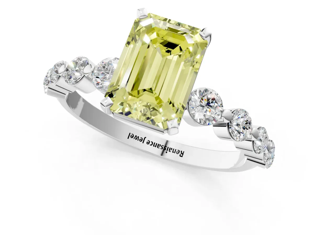Fancy Yellow Emerald Cut Solitaire Diamond Ring with Pave Band and Four-Prong Setting Silver