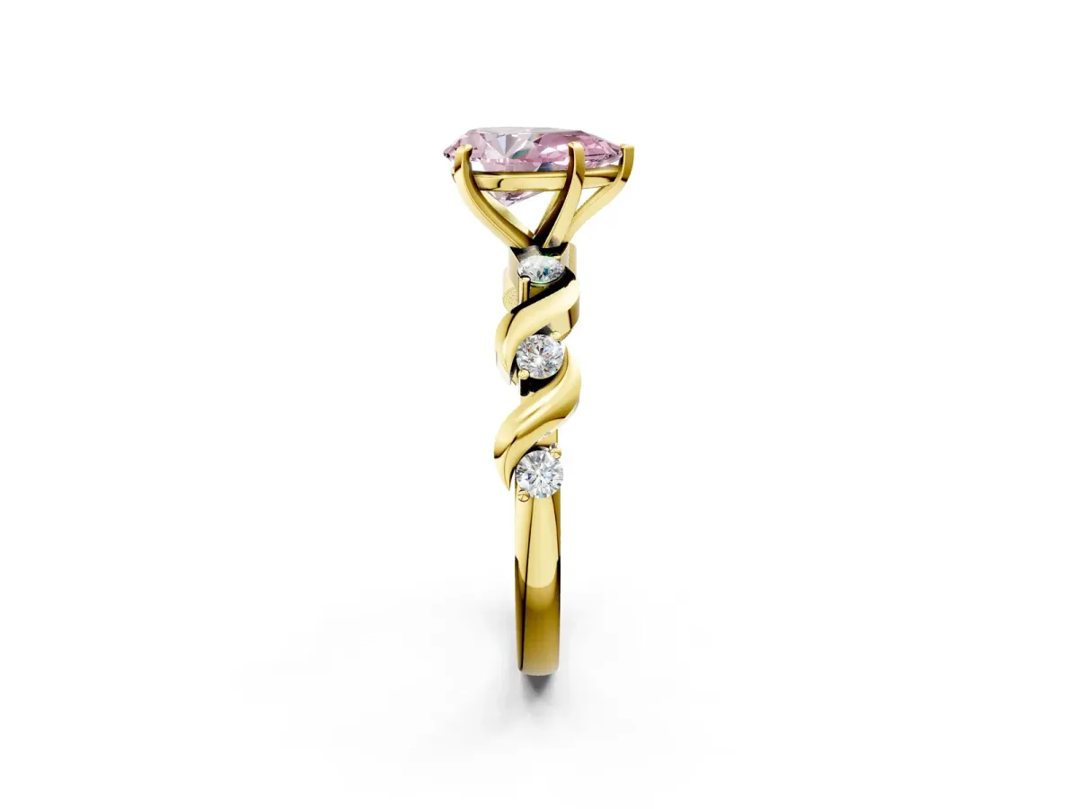 Fancy Pink Pear Cut Diamond Solitaire Twisted Band with Round Accents and Prong Setting Yellow gold