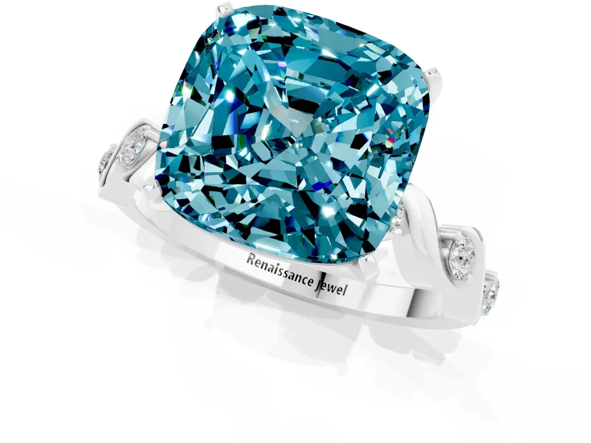 Cushion Cut Blue Topaz Solitaire Twisted Band with Round Accents and Prong Setting White gold