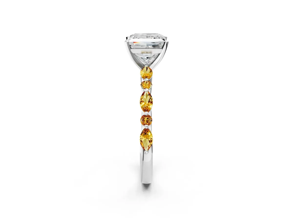 Princess Cut Diamond Ring with Marquise and Round Citrine Side Stones and Four-Prong Setting White gold