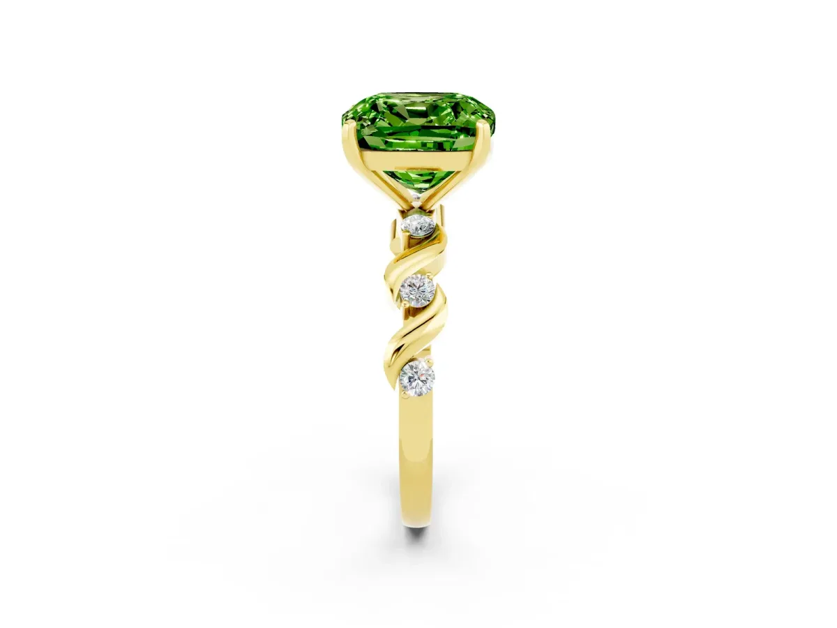 Cushion Cut Peridot Solitaire Twisted Band with Round Accents and Prong Setting Yellow gold