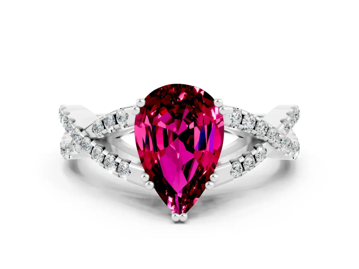 Pear Cut Garnet Solitaire Ring with Four-Prong Setting and Twisted Pavé Band Platinum
