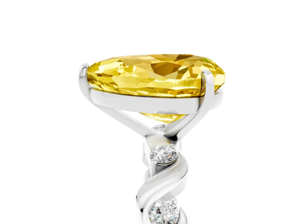 Heart Cut Yellow Sapphire Solitaire Twisted Band with Round Accents and Prong Setting Platinum
