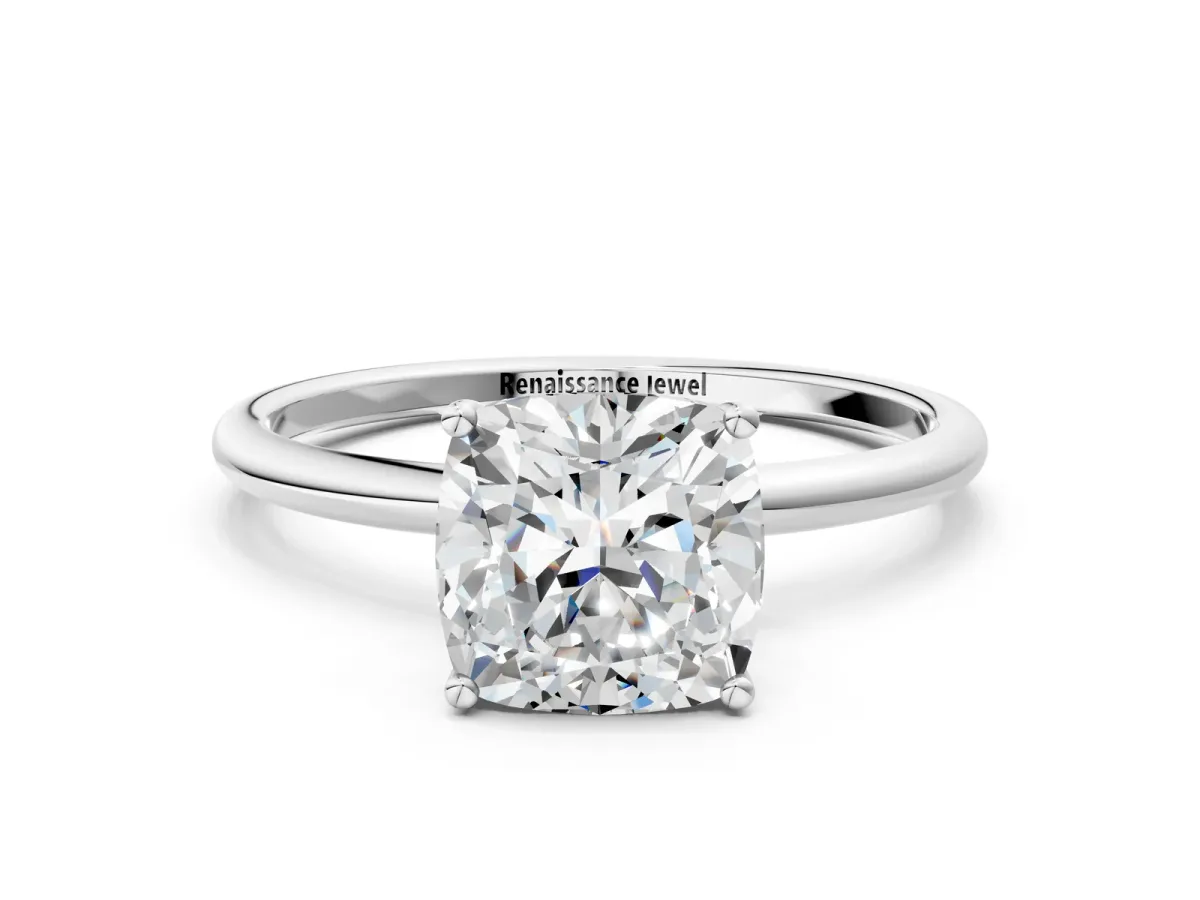 Cushion Cut Cut Solitaire Engagement Ring with Thin Band and Four-Prong Setting Silver